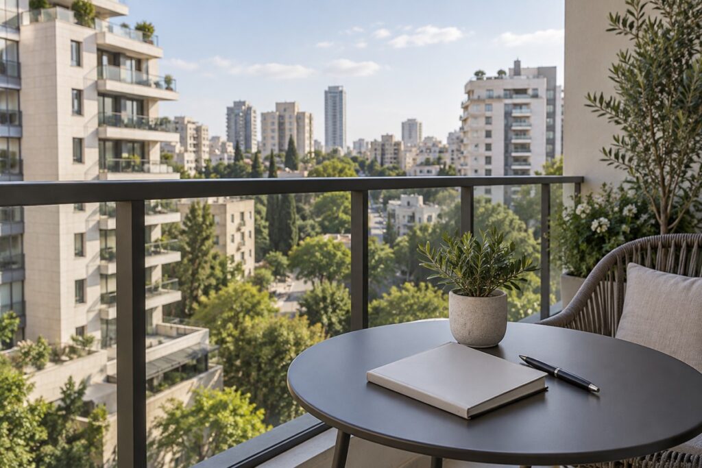 מרפסת דירה עם מבט לבנייני מגורים ומחברת על שולחן
