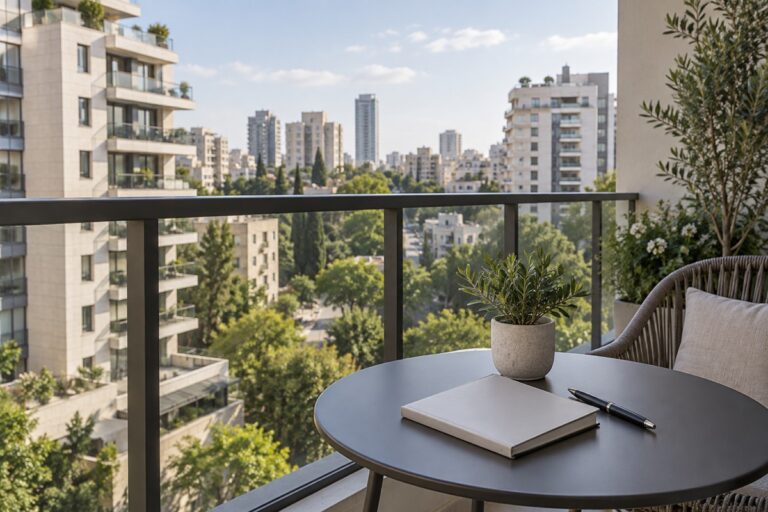מרפסת דירה עם מבט לבנייני מגורים ומחברת על שולחן